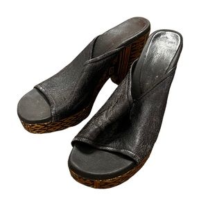 Vintage Elastomere Wedge Sandals Black Platform Made in France 1980s